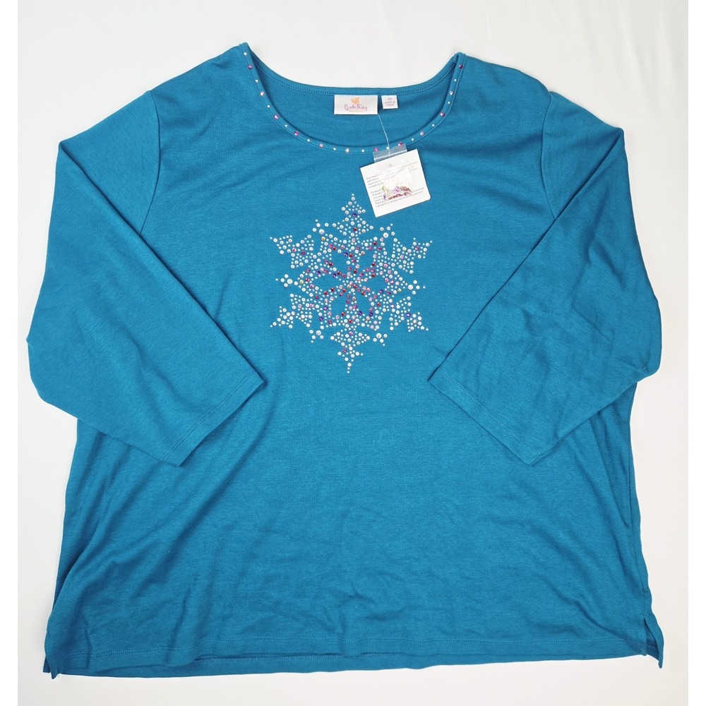 NWT Womens Quacker Factory shirt sz 3X blue multi color snowflake rhinestone